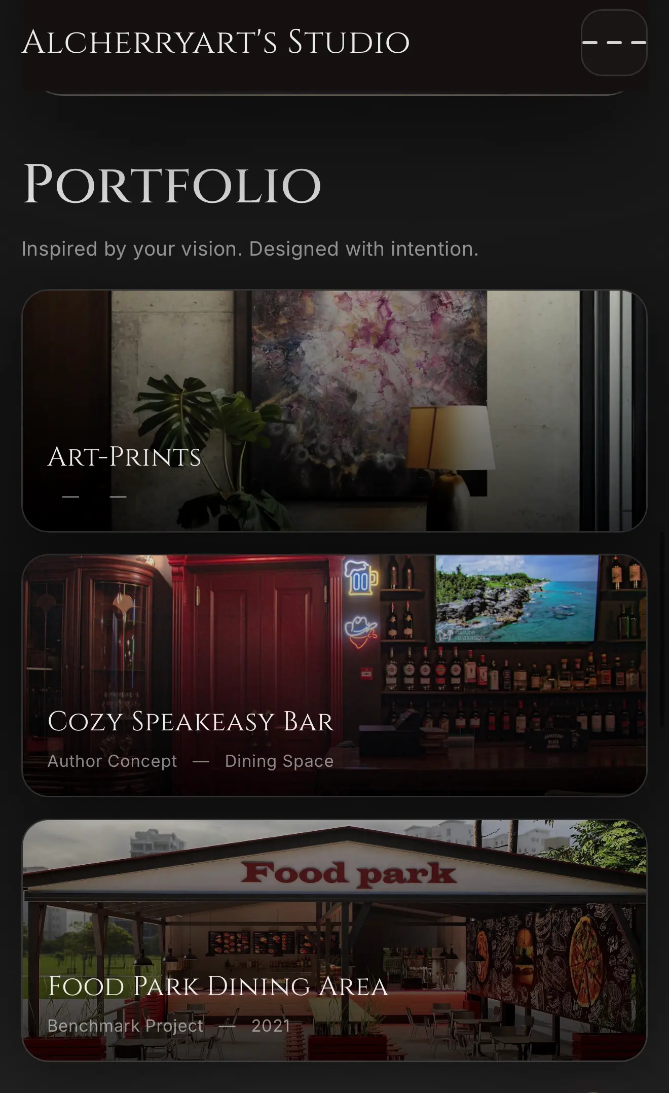 Mobile screenshot of Alcherryart Studio portfolio project presentation and gallery.