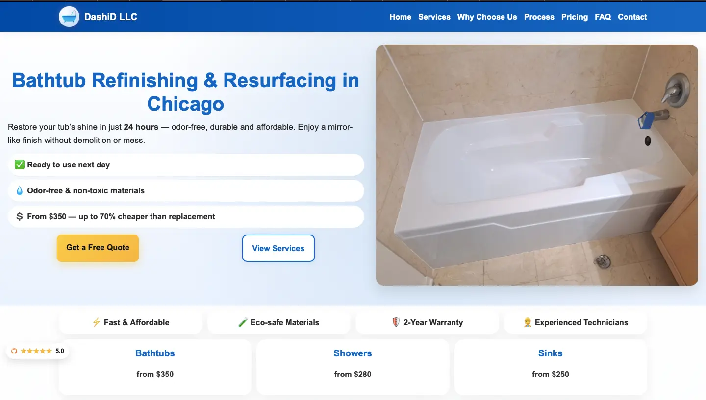 Captura desktop de la DashiD LLC hero section con Chicago bathtub refinishing offer, price anchor, confianza cues, y cotización CTA.