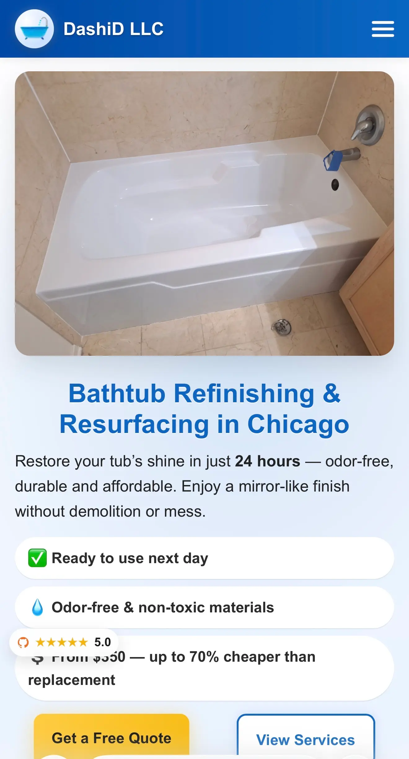 Captura móvil de la DashiD LLC hero section con bathtub refinishing offer y cotización CTA.