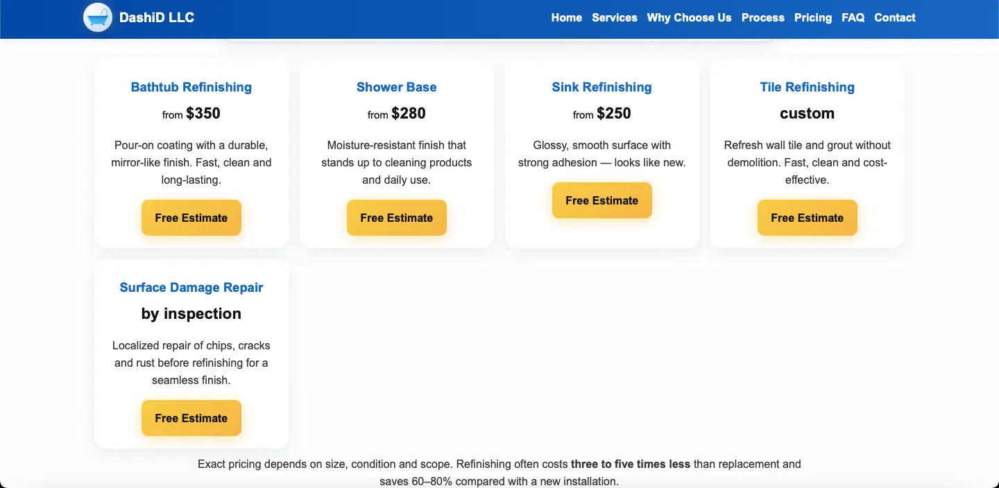 Captura desktop de DashiD LLC precios page con starting prices y replacement comparison.