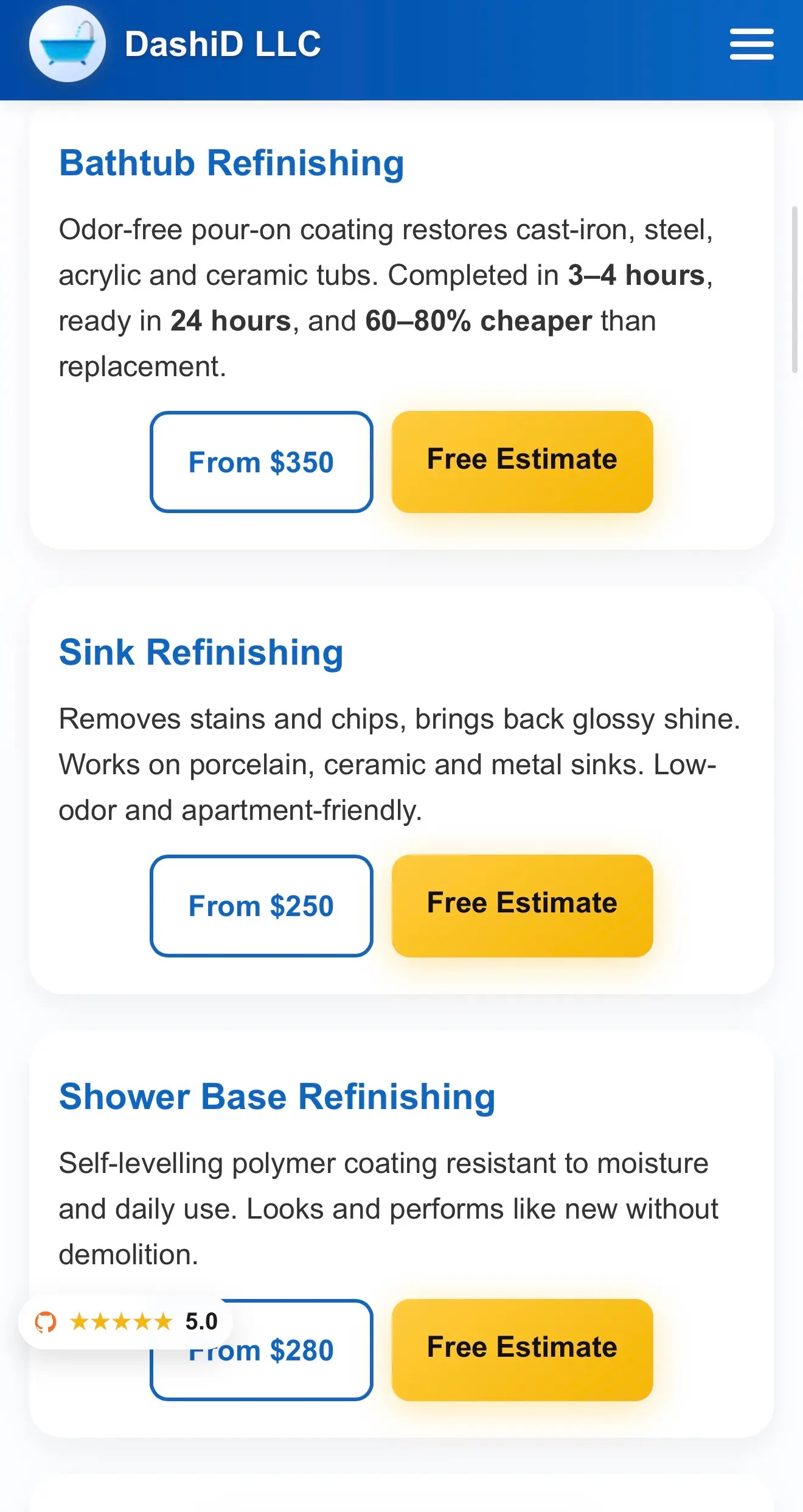 Captura móvil de DashiD LLC precios page con starting prices y cotización CTA.