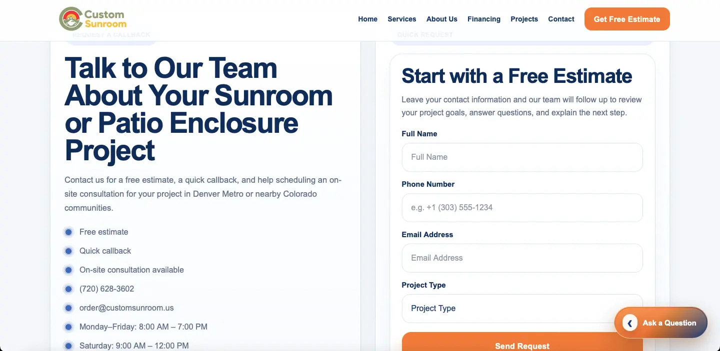 Desktop screenshot of the Custom Sunroom estimate request and callback flow.