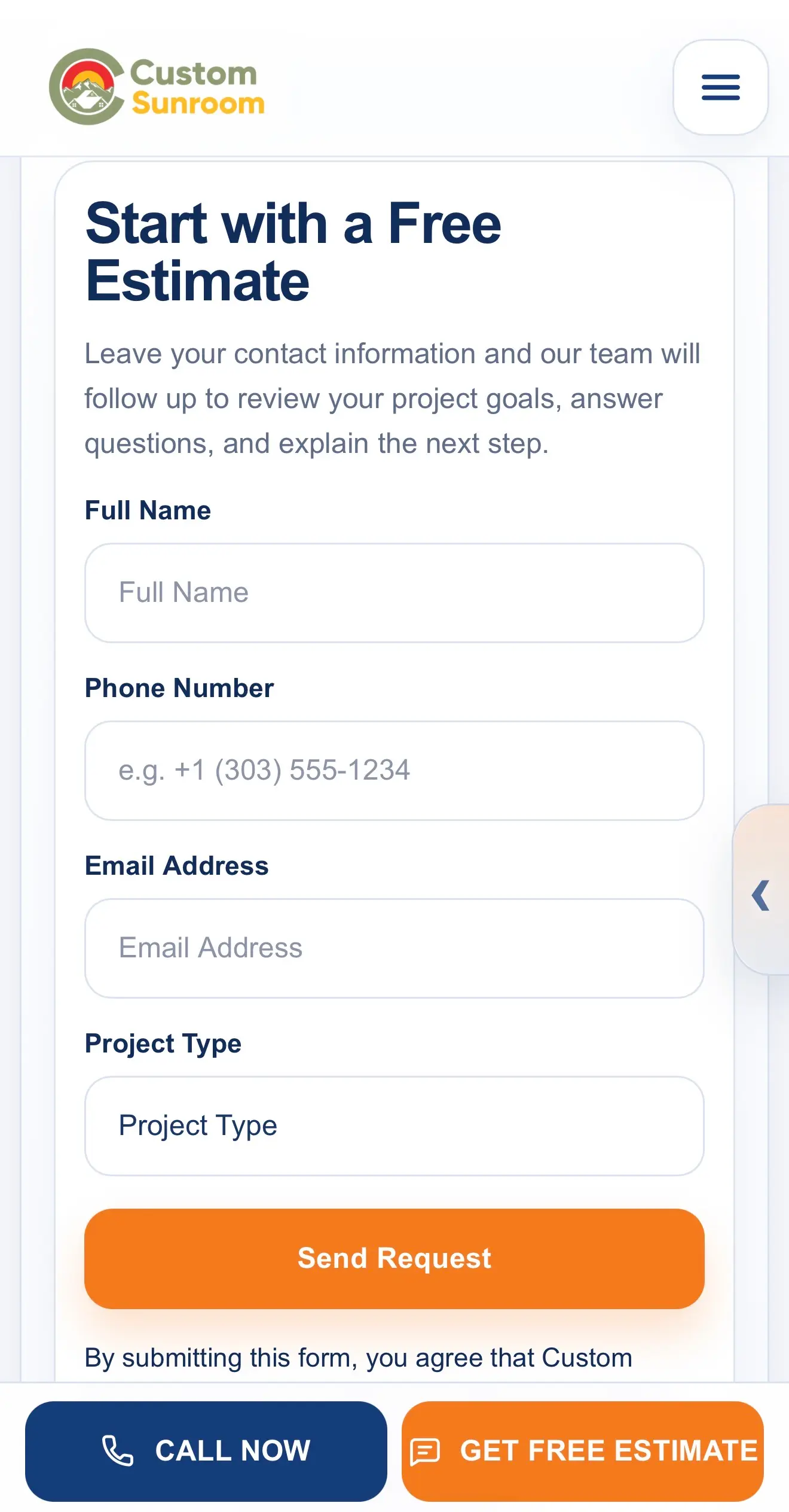 Mobile screenshot of the Custom Sunroom estimate request flow with mobile-friendly fields and call to action.