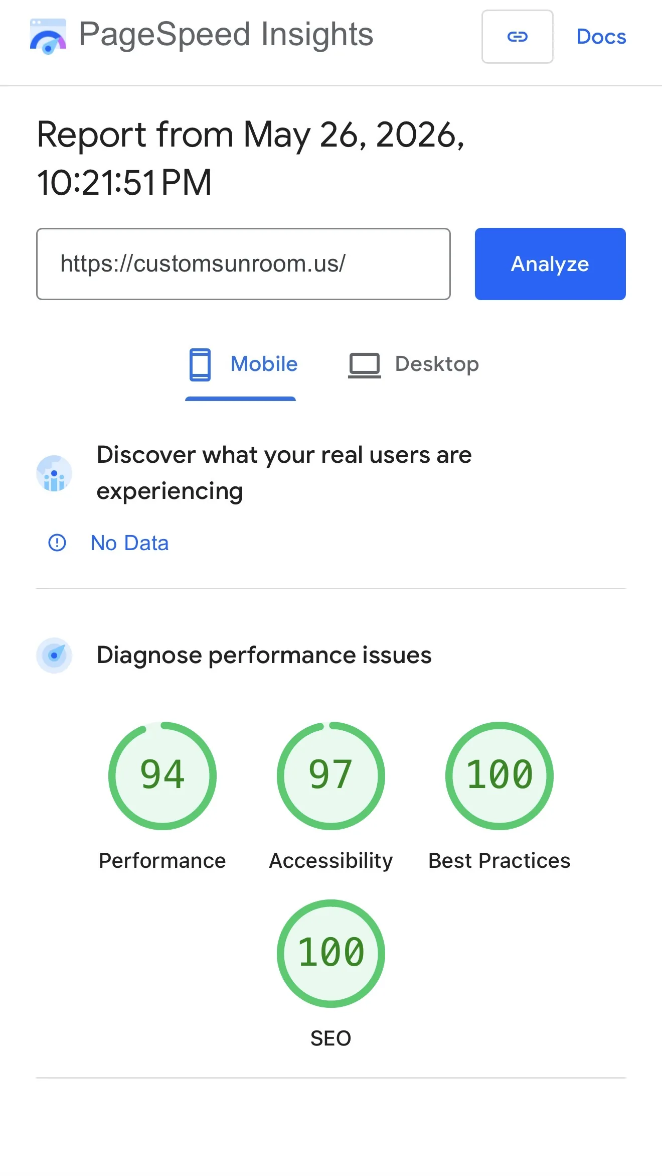 Mobile PageSpeed Insights lab report for the Custom Sunroom website