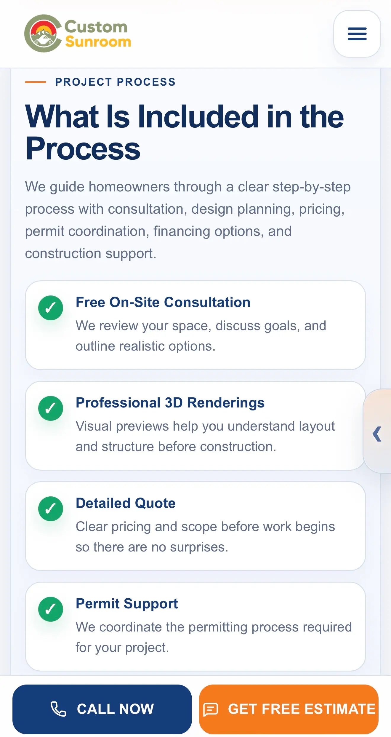 Mobile screenshot of the Custom Sunroom process section showing project steps in a readable mobile layout.
