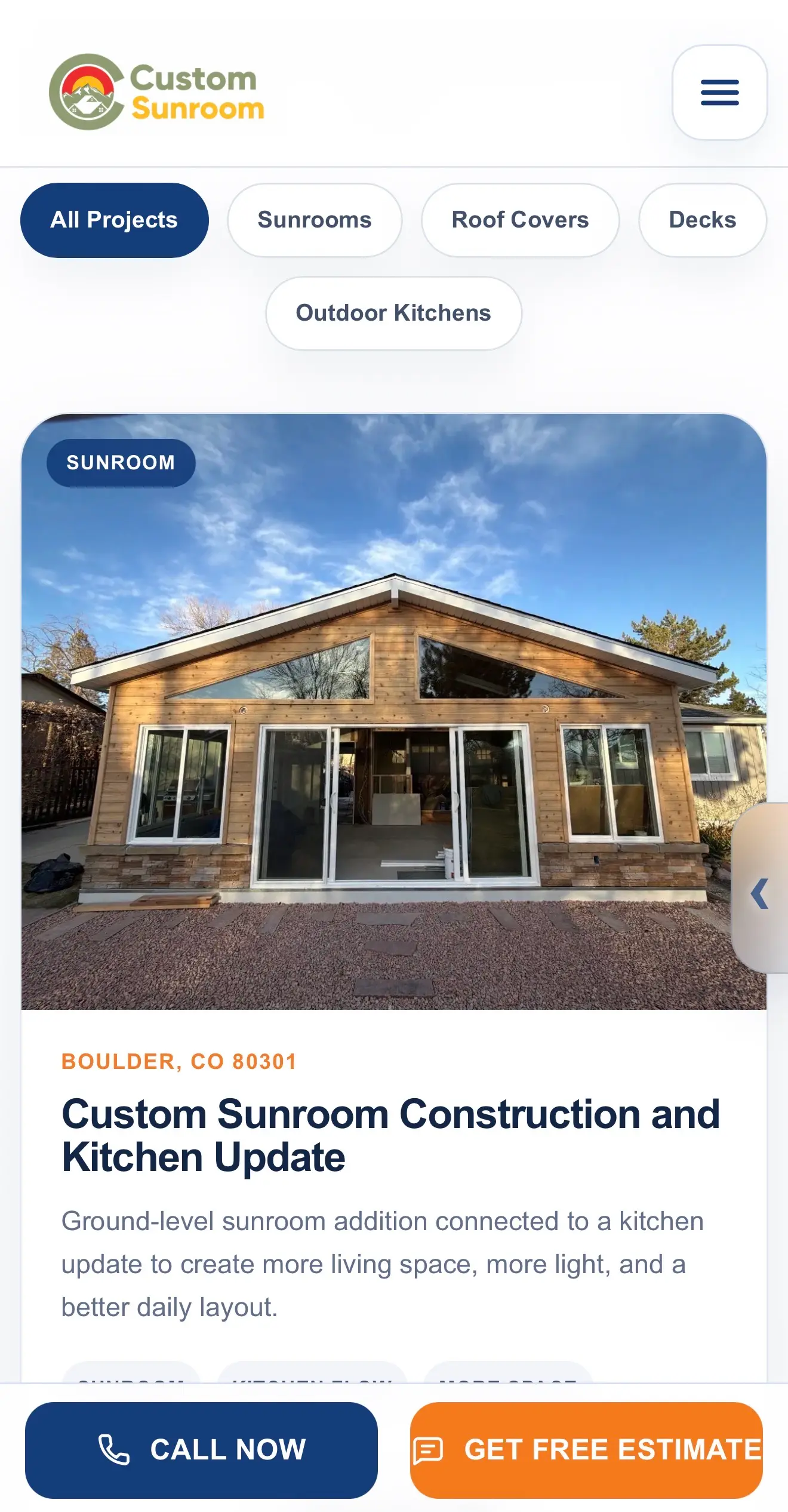 Mobile screenshot of completed Custom Sunroom projects showing visual project proof in a mobile layout.