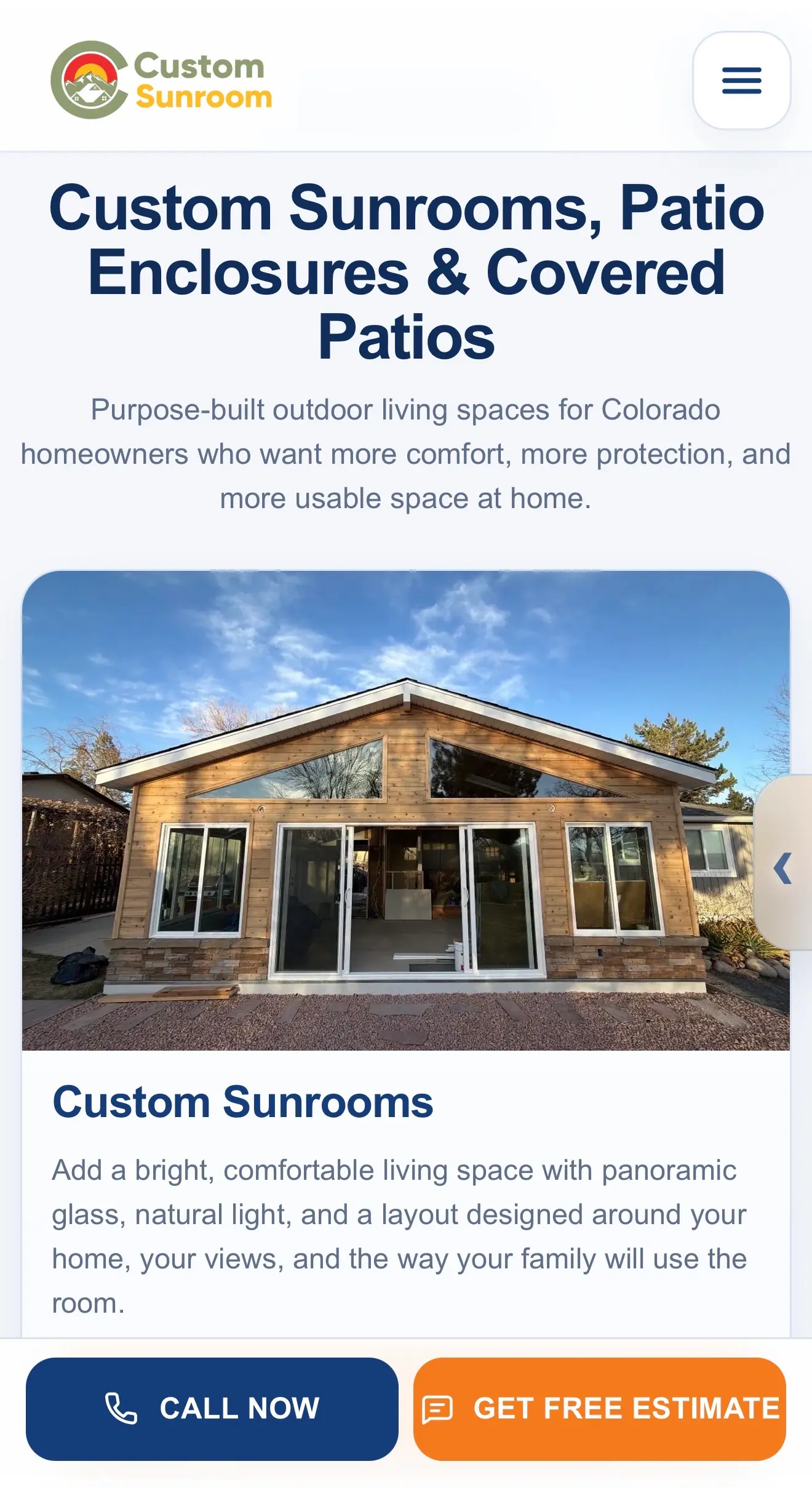 Mobile screenshot of the Custom Sunroom services section with readable service cards and CTAs.