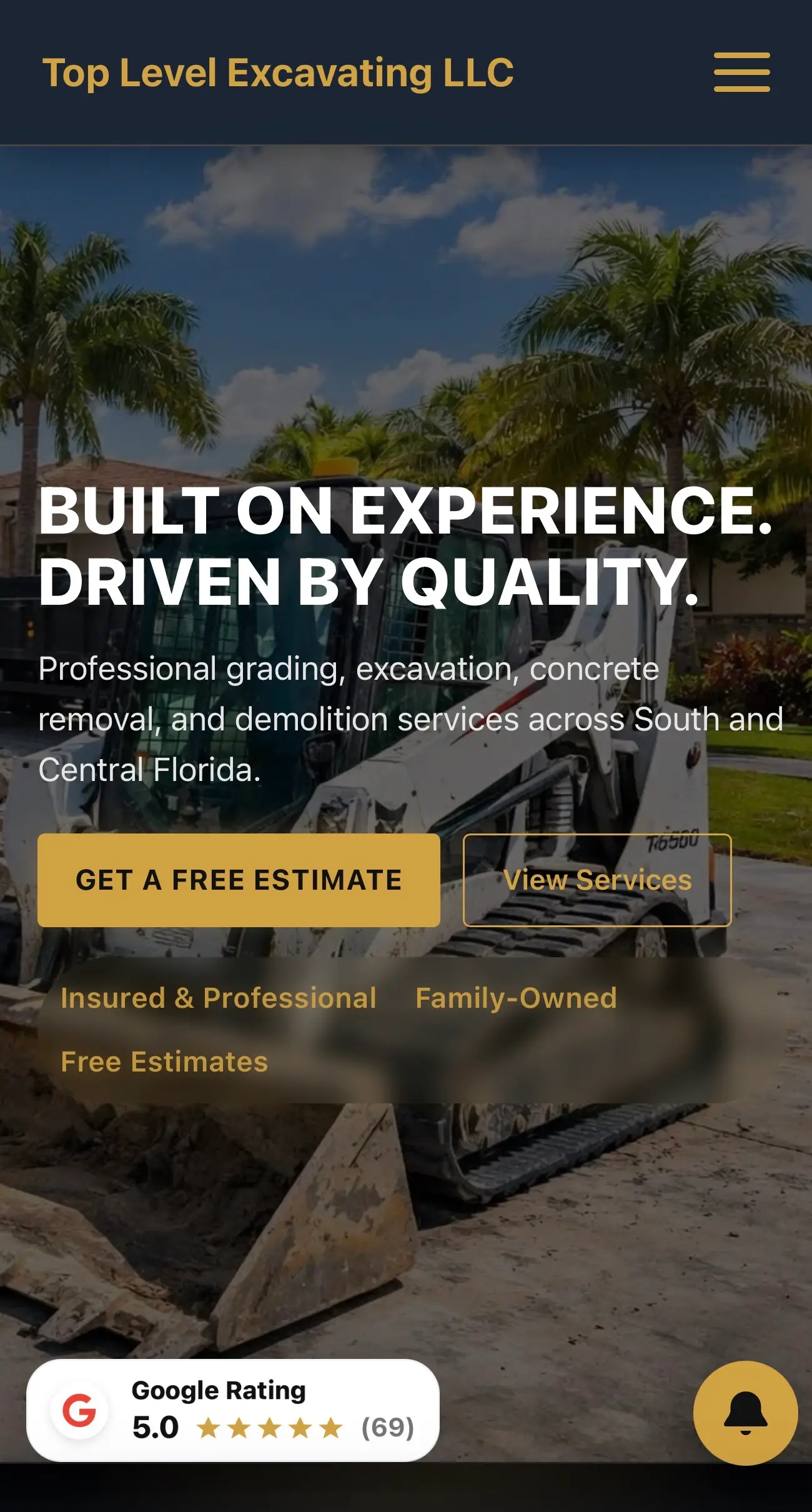 Mobile screenshot of the Top Level Excavating homepage showing the client-directed contractor presentation on mobile.