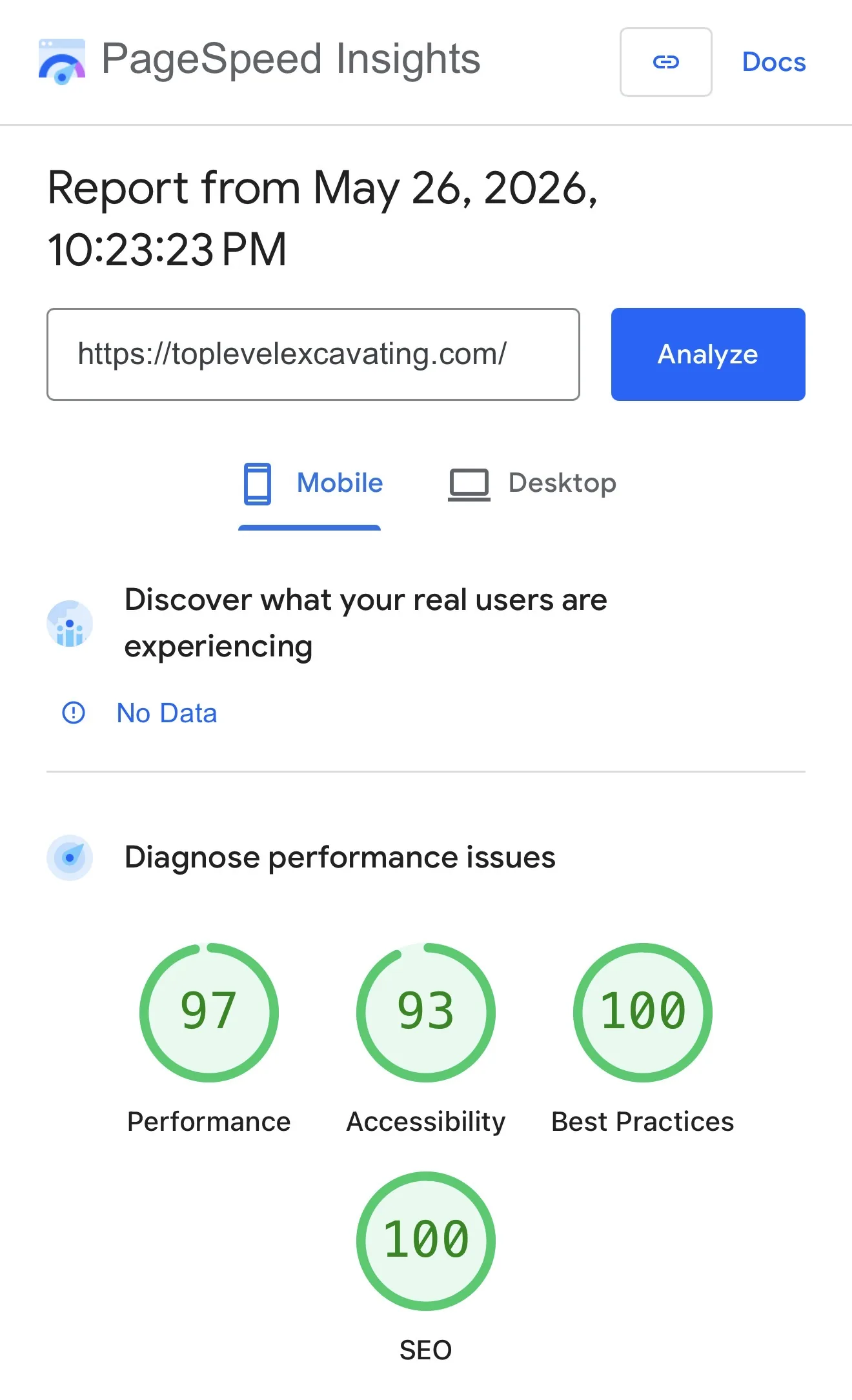 Mobile PageSpeed Insights lab report for the Top Level Excavating website