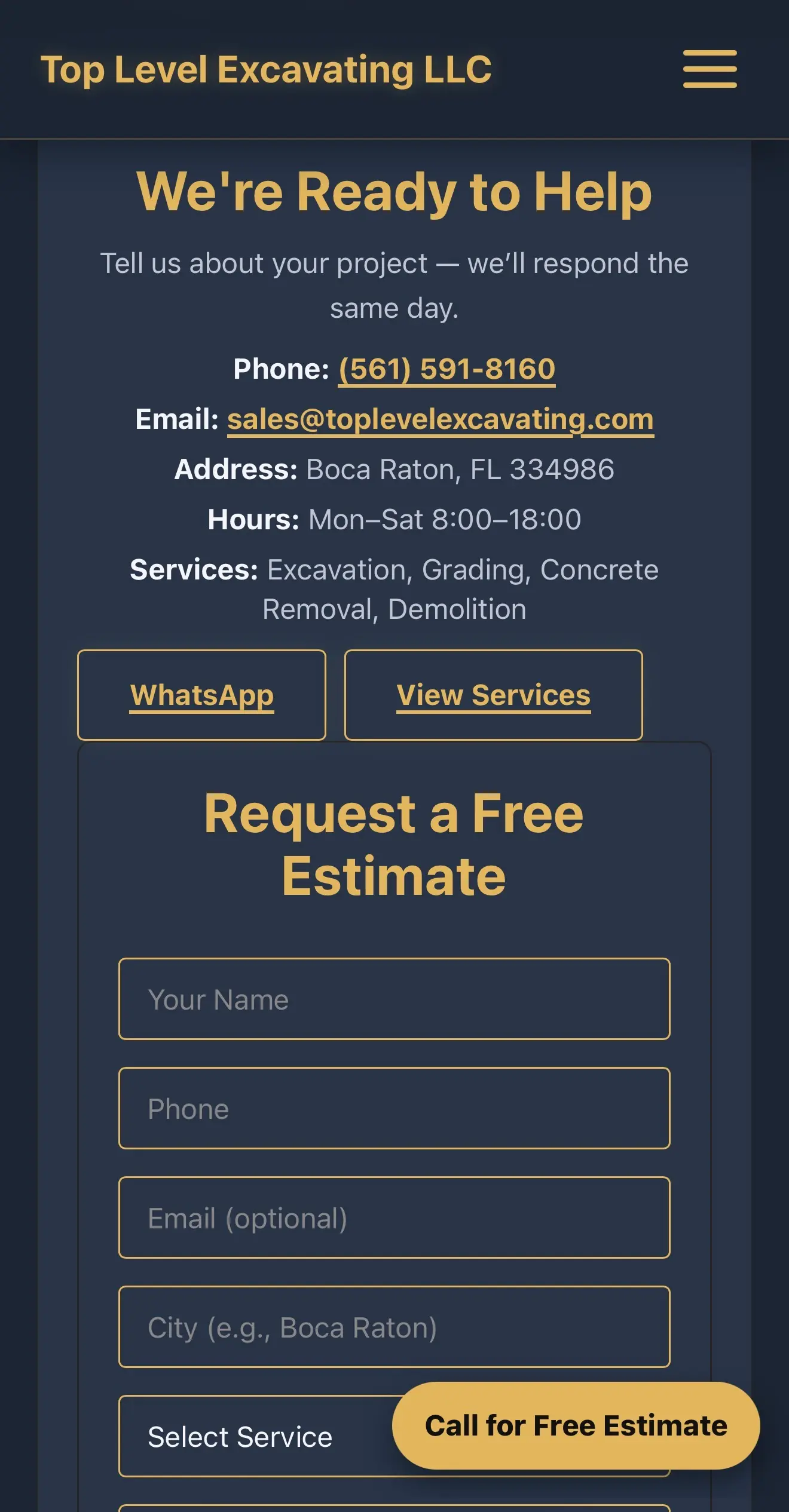 Mobile screenshot of Top Level Excavating project proof and quote request path.
